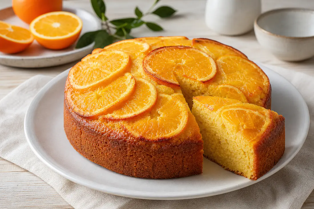 Torta all’arancia rotonda e dorata con fettine d’arancia candite sopra, una fetta tagliata che mostra la mollica gialla e umida
