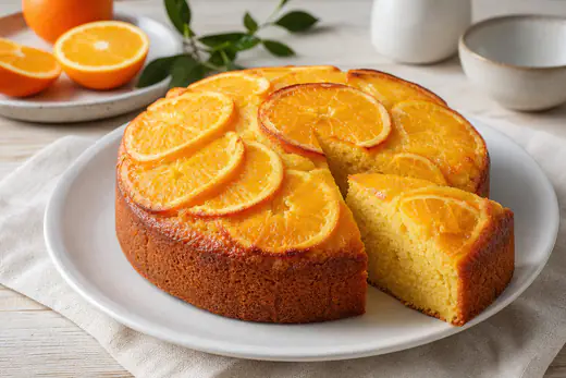 Torta all’arancia rotonda e dorata con fettine d’arancia candite sopra, una fetta tagliata che mostra la mollica gialla e umida
