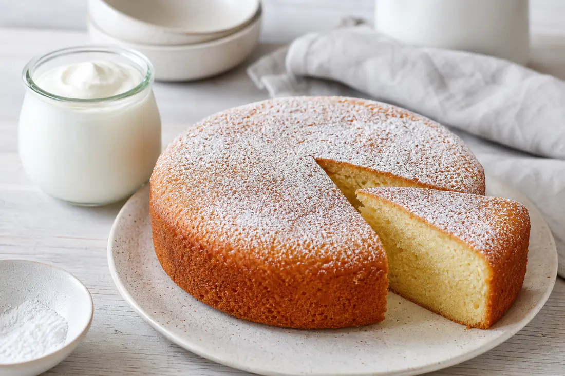 Torta rotonda allo yogurt dorata con zucchero a velo, una fetta tagliata che mostra la mollica chiara e soffice, accanto a un vasetto di yogurt