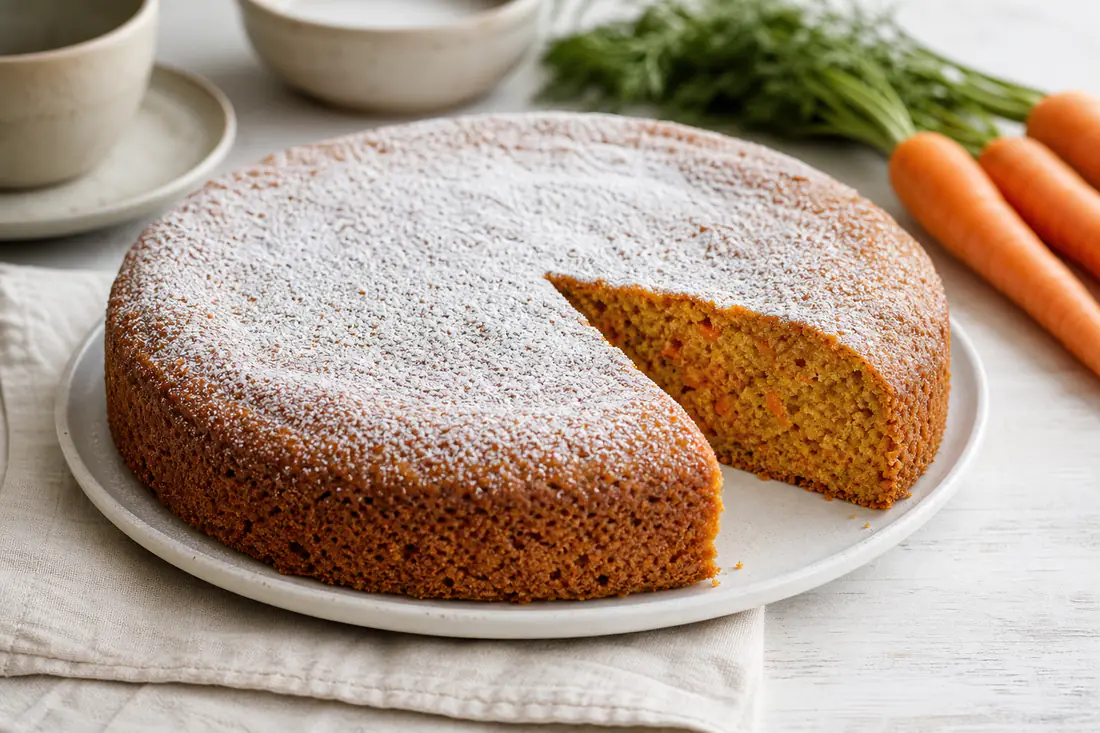 Torta di carote rotonda con zucchero a velo, una fetta tagliata che mostra la mollica arancione con filamenti di carota, accanto a carote fresche