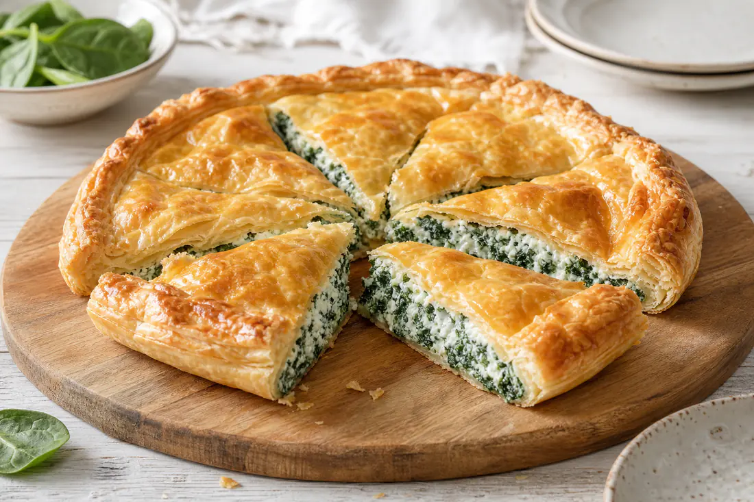 Torta salata rotonda di pasta sfoglia dorata con ripieno di ricotta e spinaci, tagliata a spicchi su un tagliere di legno