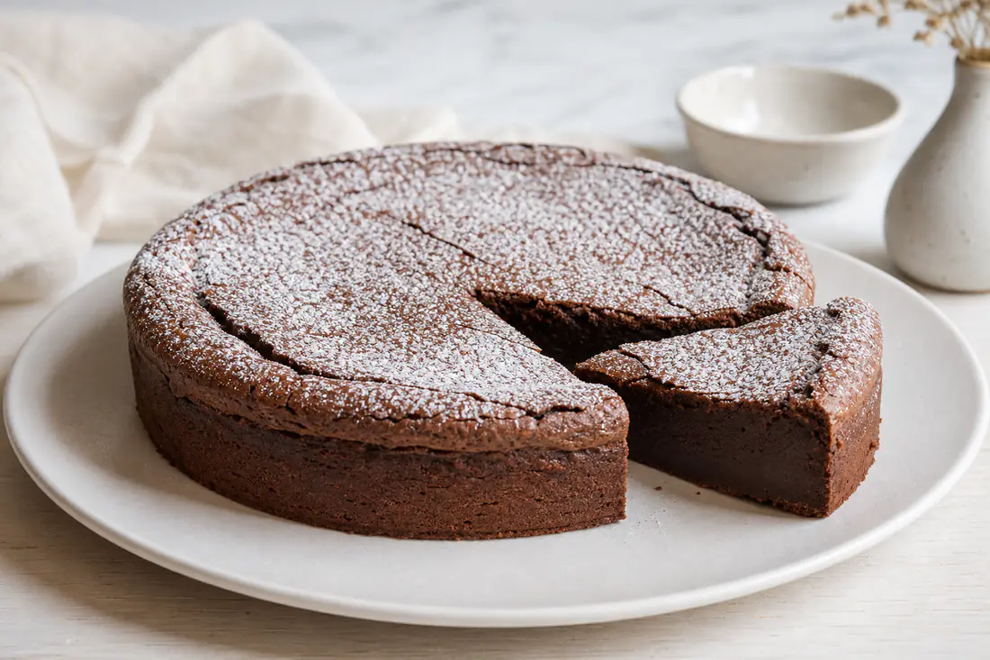 Torta tenerina al cioccolato rotonda con crosta craquelé spolverata di zucchero a velo, una fetta tagliata che mostra il cuore scuro e cremoso