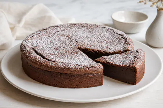 Torta tenerina al cioccolato rotonda con crosta craquelé spolverata di zucchero a velo, una fetta tagliata che mostra il cuore scuro e cremoso