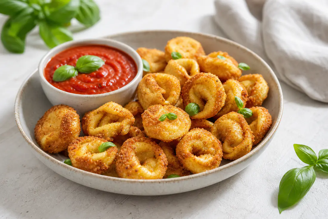 Tortellini impanati dorati e croccanti in una ciotola, con una ciotolina di salsa di pomodoro e basilico per intingere