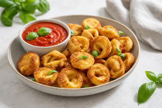 Tortellini impanati dorati e croccanti in una ciotola, con una ciotolina di salsa di pomodoro e basilico per intingere
