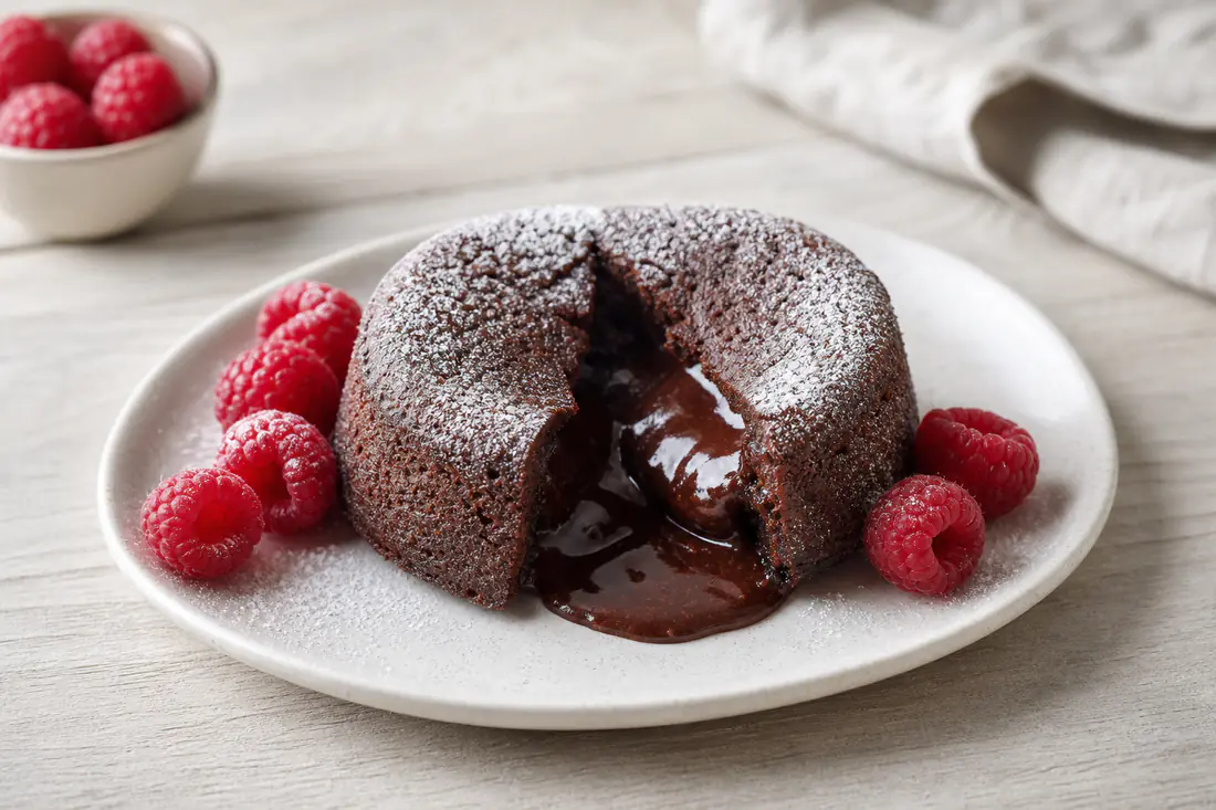 Tortino al cioccolato sformato su un piattino, tagliato a metà con il cuore di cioccolato fondente che cola, zucchero a velo e lamponi