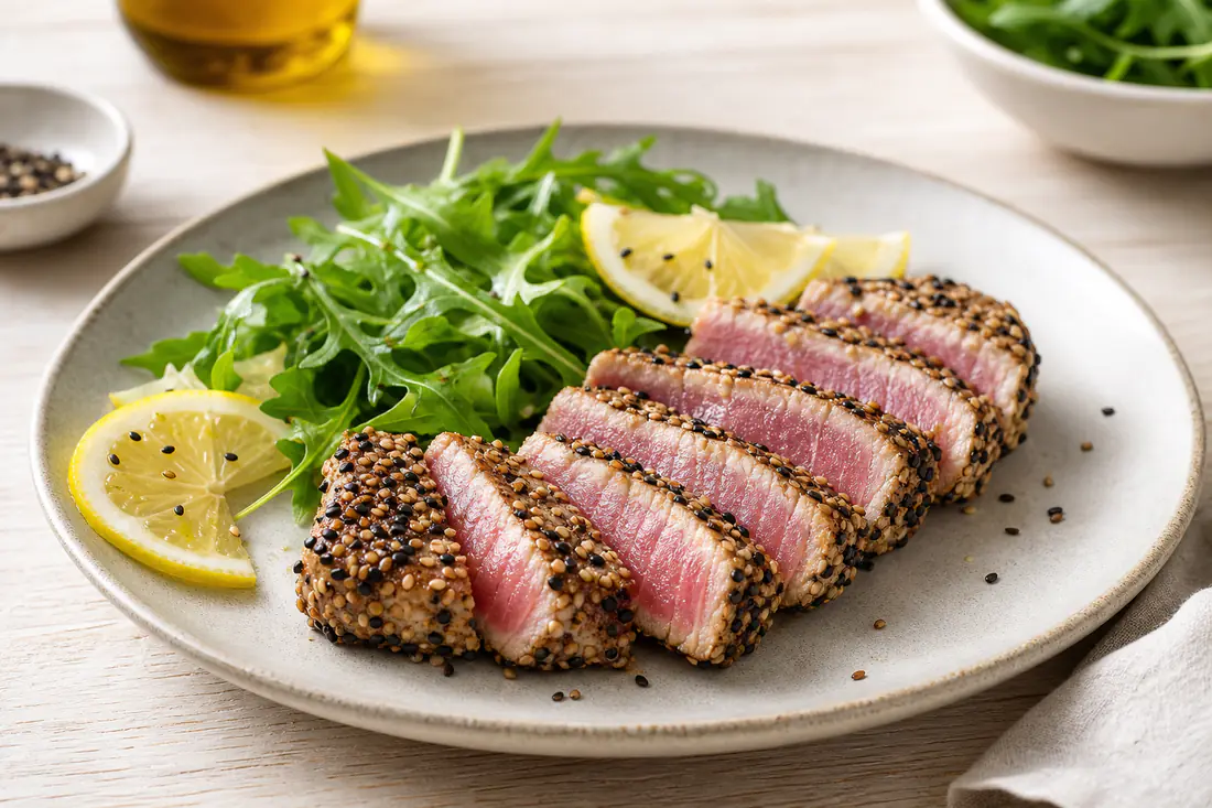 Trancio di tonno tagliato a fette che mostra il cuore rosa e la crosticina dorata, con semi di sesamo, rucola e fettine di limone