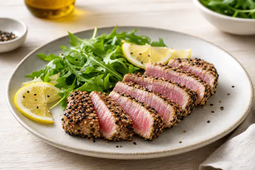 Trancio di tonno tagliato a fette che mostra il cuore rosa e la crosticina dorata, con semi di sesamo, rucola e fettine di limone