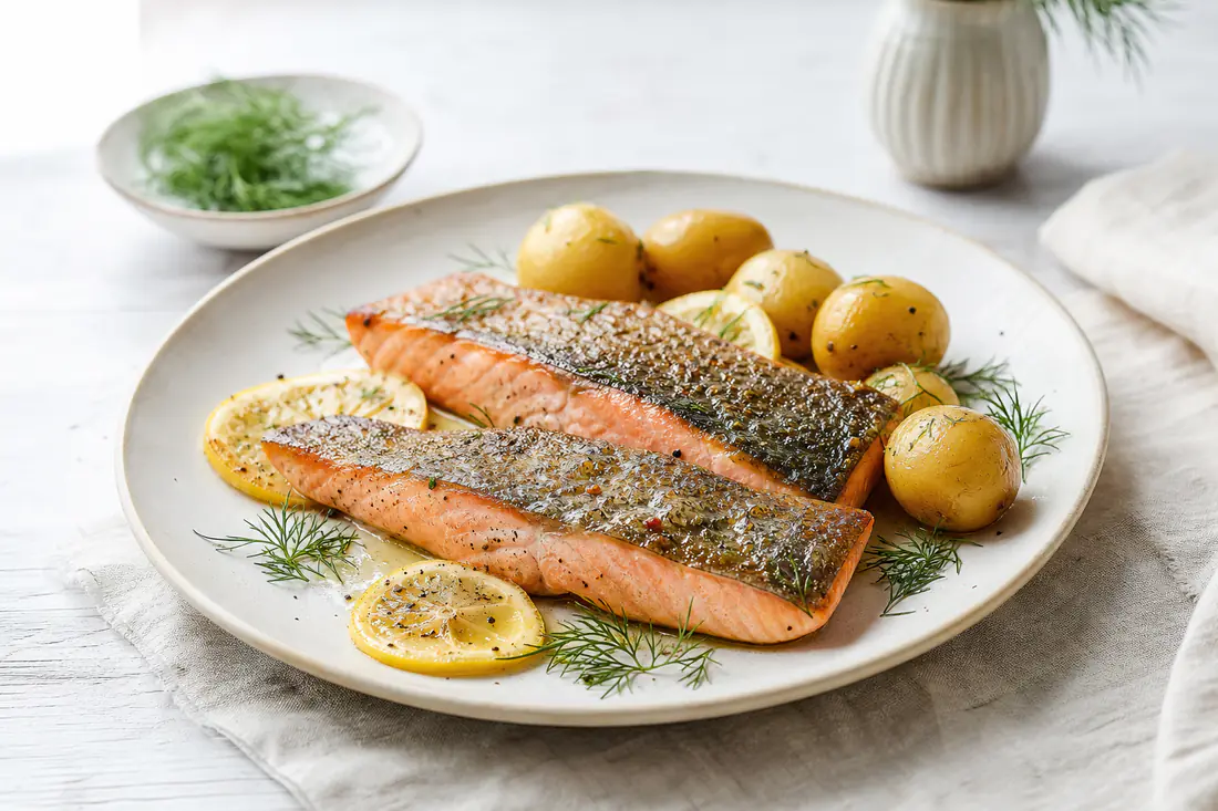 Filetti di trota salmonata rosati con la pelle dorata, serviti con fette di limone, aneto e patate novelle su un piatto