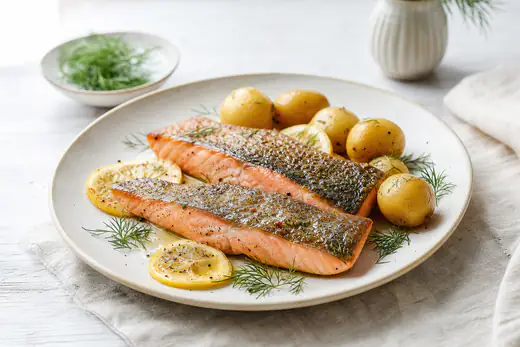 Filetti di trota salmonata rosati con la pelle dorata, serviti con fette di limone, aneto e patate novelle su un piatto