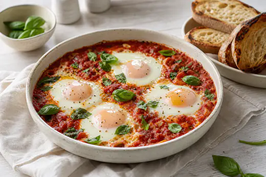 Teglia rotonda di sugo di pomodoro rosso con quattro uova con albume rappreso e tuorlo lucido, basilico fresco e fette di pane tostato accanto