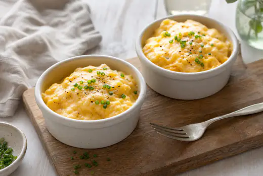 Due stampini di ceramica con uova strapazzate cremose e formaggio fuso, cosparse di erba cipollina, su un piano di legno