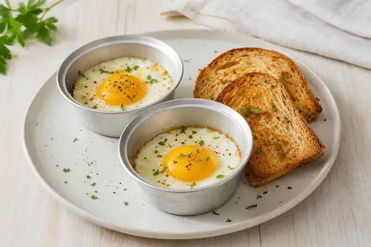 Due uova all’occhio di bue con albume bianco e tuorlo arancione lucido, in piccoli stampini di alluminio, serviti con pane tostato e prezzemolo