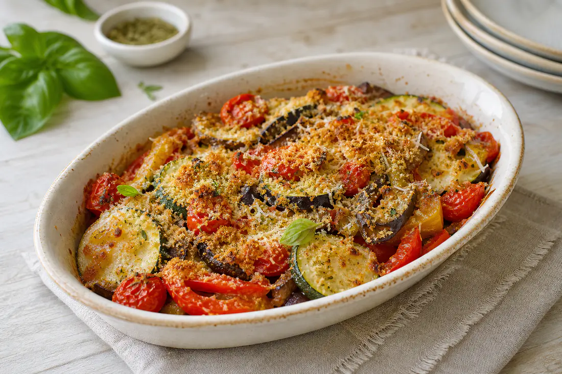 Verdure miste gratinate con zucchine, melanzane, peperoni e pomodorini in un piatto da portata, coperte da una crosticina dorata di pangrattato e parmigiano