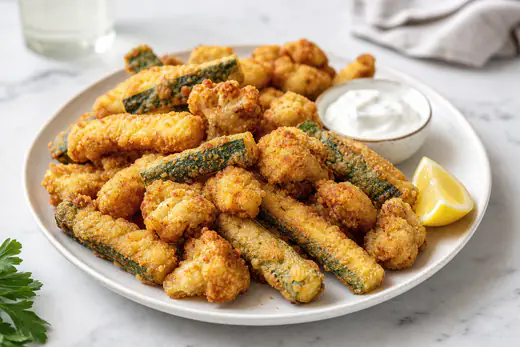 Verdure pastellate dorate, bastoncini di zucchine e cimette di cavolfiore con crosta croccante, servite su un piatto con limone