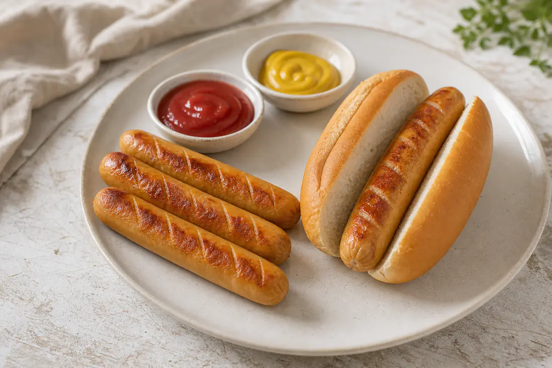 Quattro wurstel dorati con la pelle leggermente croccante, serviti su un piatto con senape e ketchup