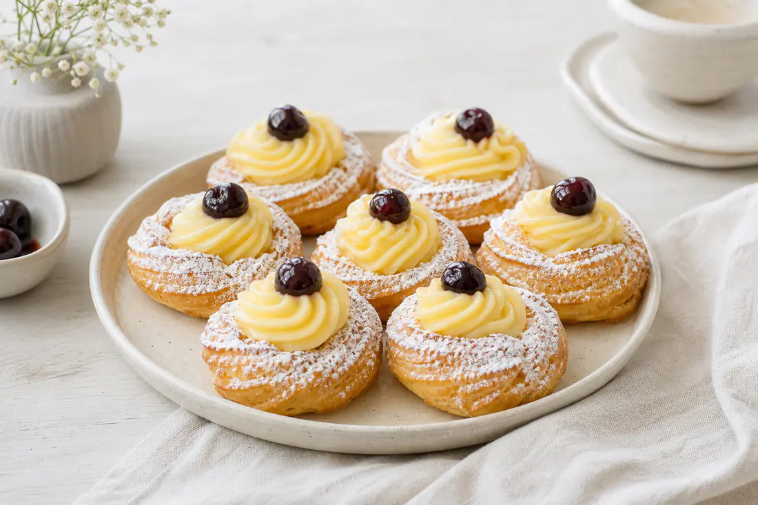 Zeppole di San Giuseppe a forma di ciambella con ciuffo di crema pasticcera, amarena sciroppata e zucchero a velo, su un piatto