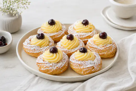 Zeppole di San Giuseppe a forma di ciambella con ciuffo di crema pasticcera, amarena sciroppata e zucchero a velo, su un piatto