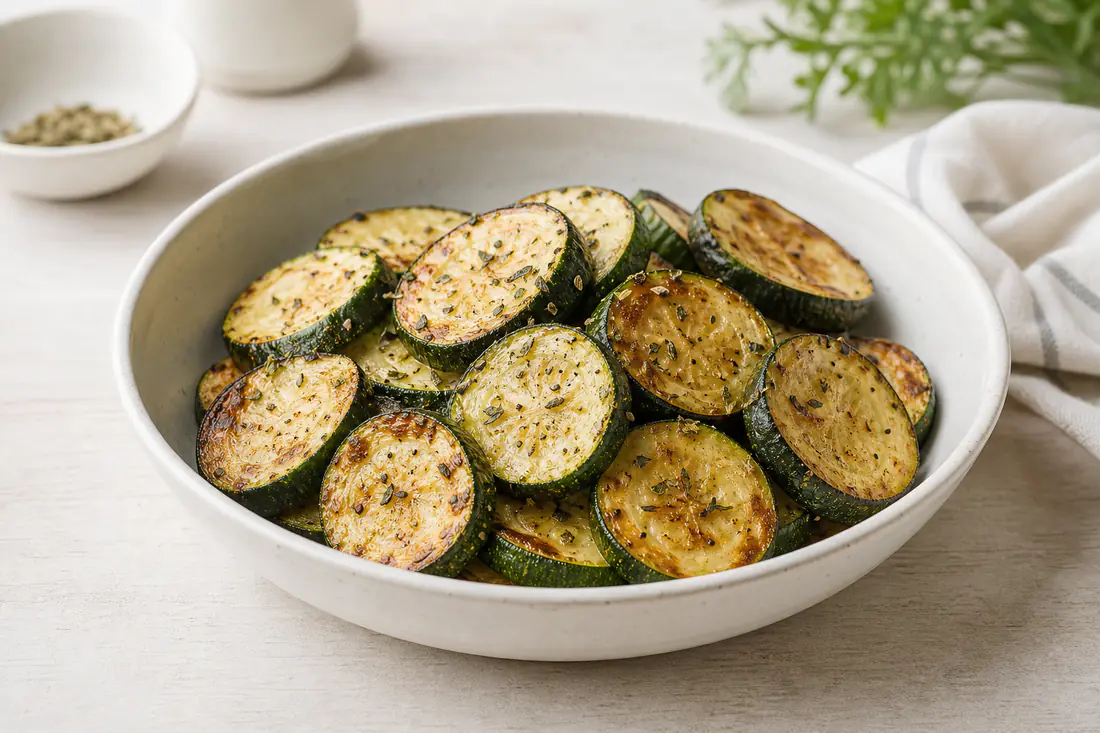 Fette di zucchine spesse 1 cm dorate sui bordi, in una ciotola bianca con origano e una macinata di pepe nero