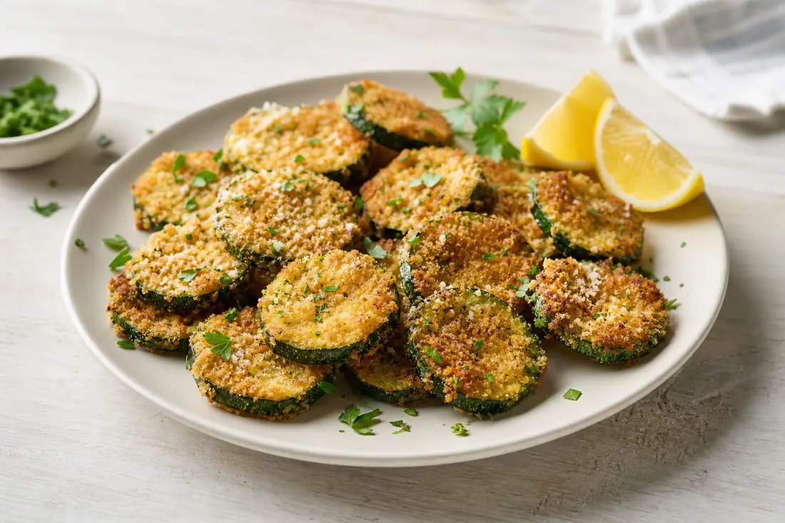 Rondelle di zucchine con una crosta dorata di pangrattato e parmigiano gratinato, servite su un piatto con spicchi di limone e prezzemolo