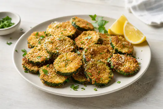 Rondelle di zucchine con una crosta dorata di pangrattato e parmigiano gratinato, servite su un piatto con spicchi di limone e prezzemolo