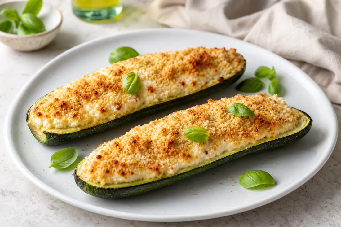 Barchette di zucchine verdi ripiene di ricotta e parmigiano con una crosticina dorata di pangrattato, su un piatto bianco con foglie di basilico