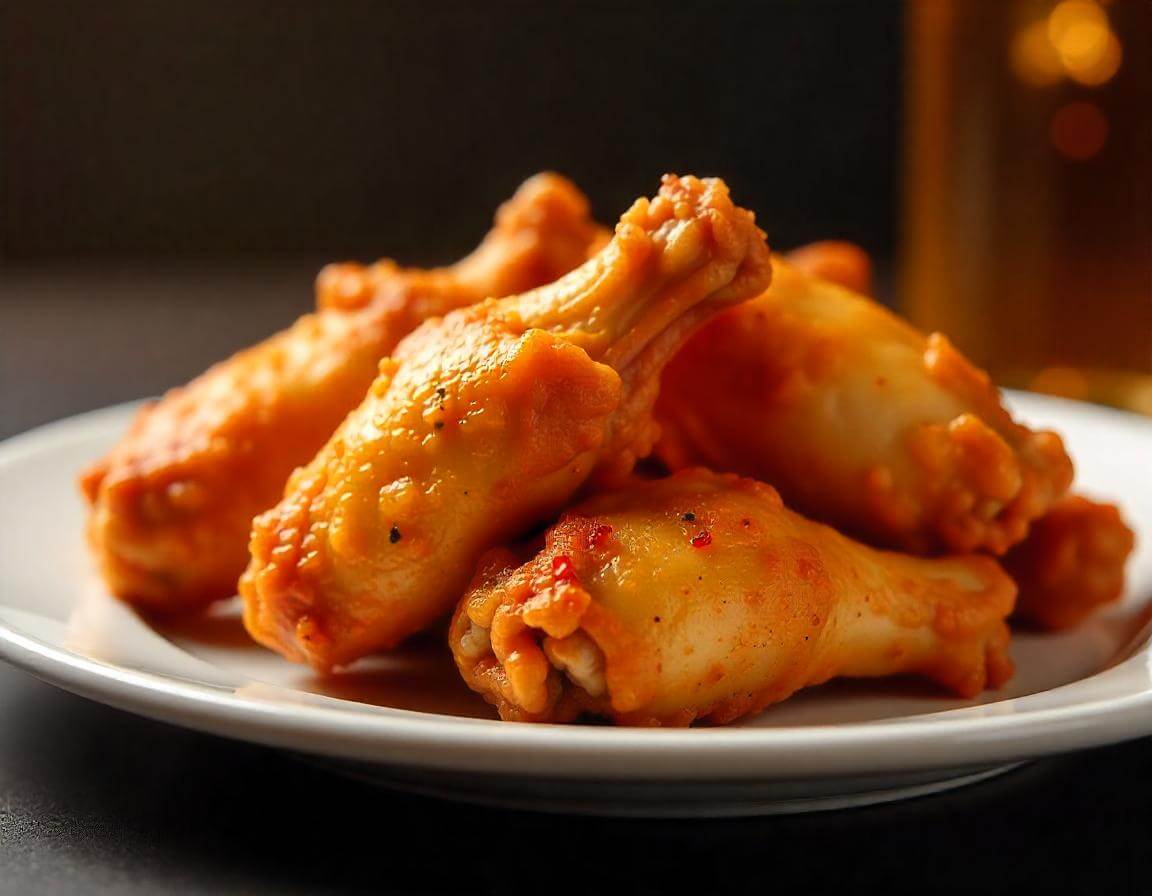Ali di pollo in airfryer croccanti e dorate servite con salsa.