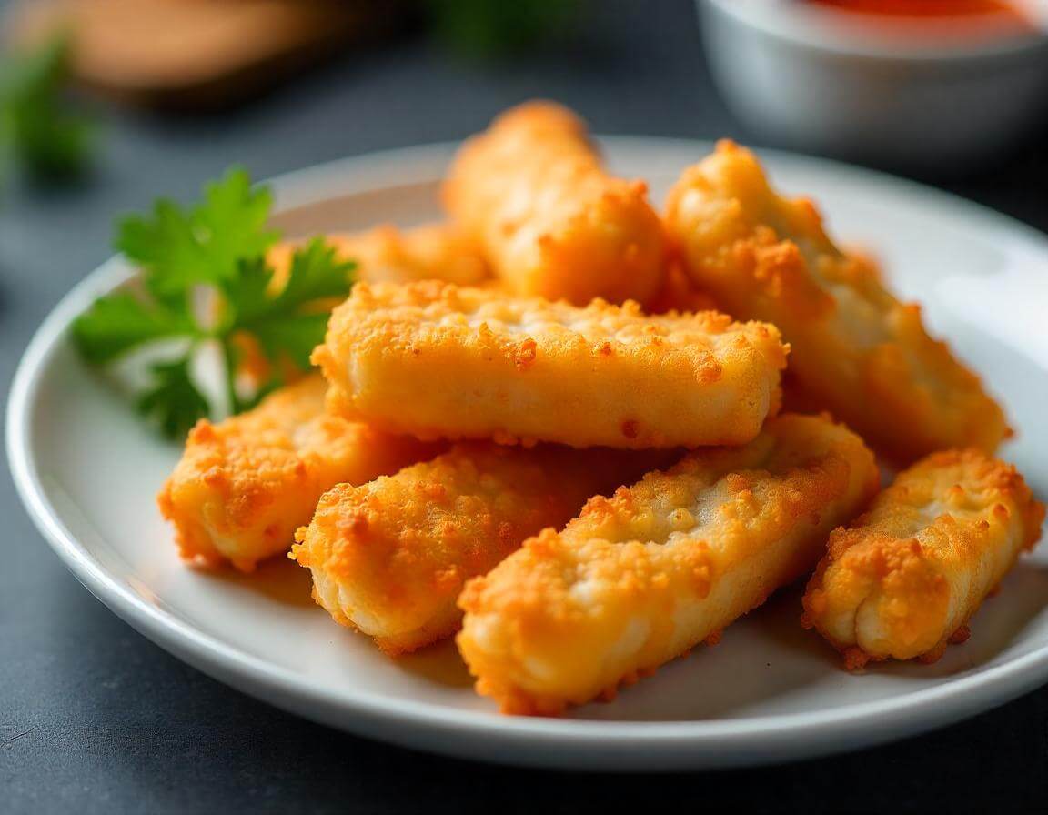 Bastoncini di pesce in airfryer croccanti serviti con salsa.
