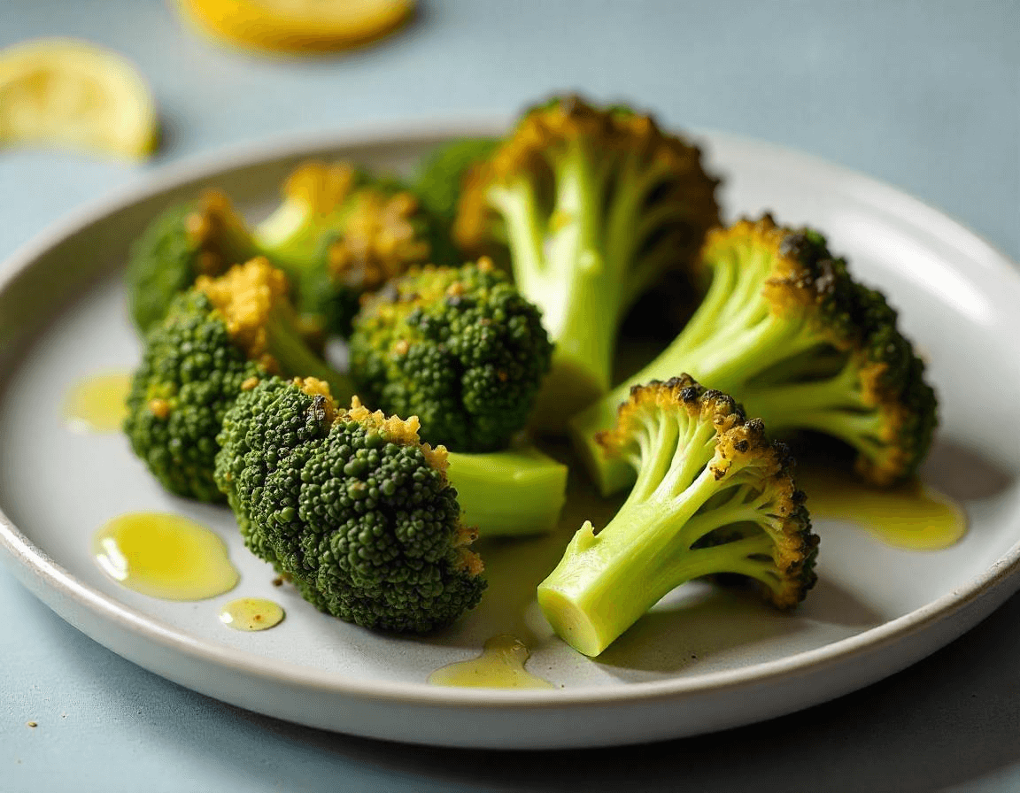 Broccoli croccanti cotti in friggitrice ad aria, dorati e gustosi.