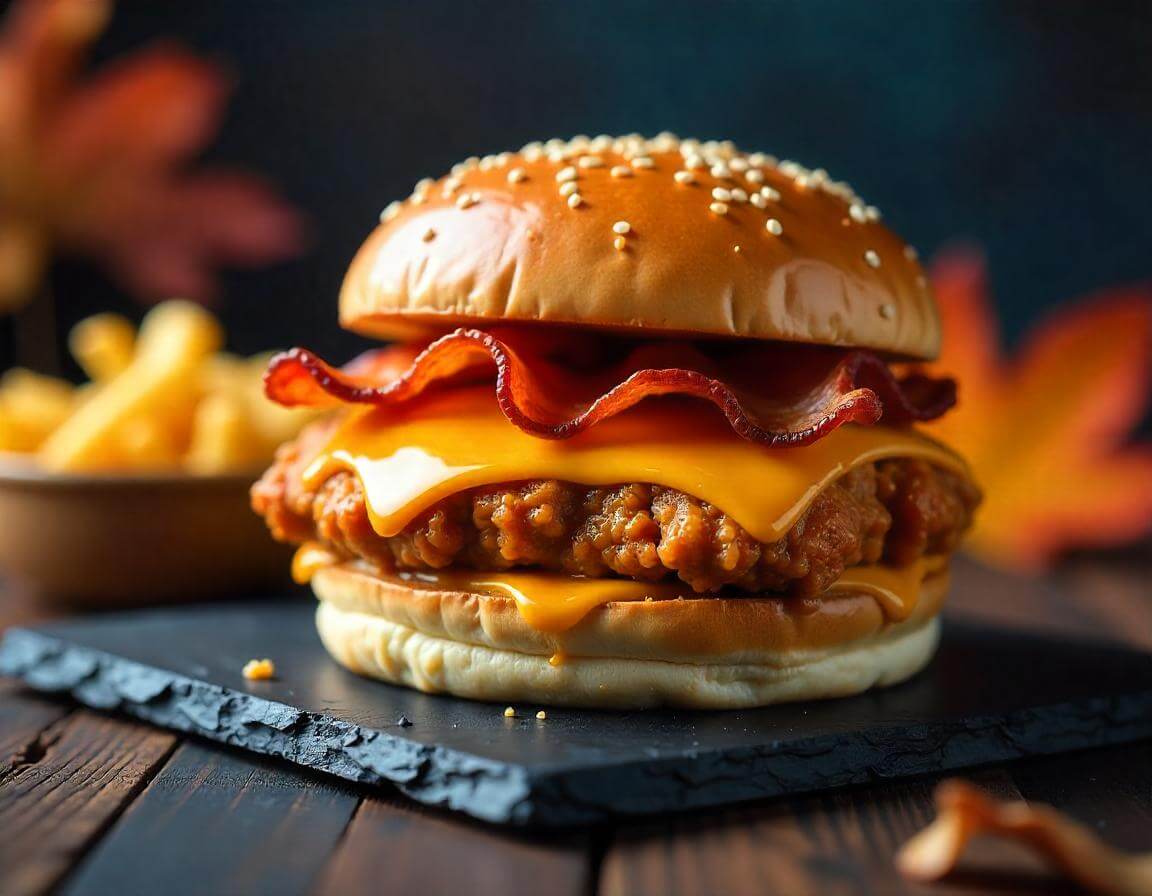 Hamburger di pollo in airfryer dorati e croccanti nel cestello dell'airfryer.