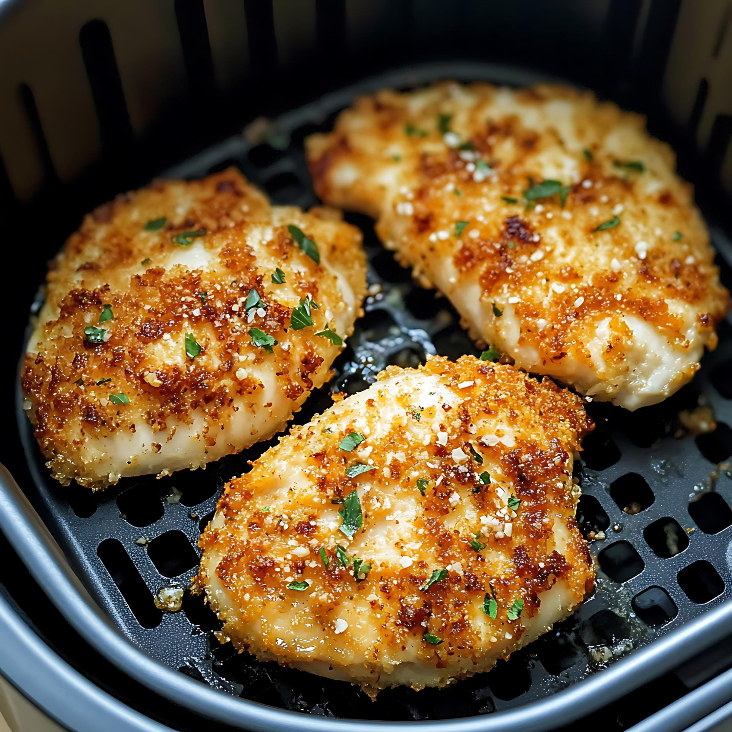 Filetti di pollo interno in friggitrice ad aria croccanti e dorati.