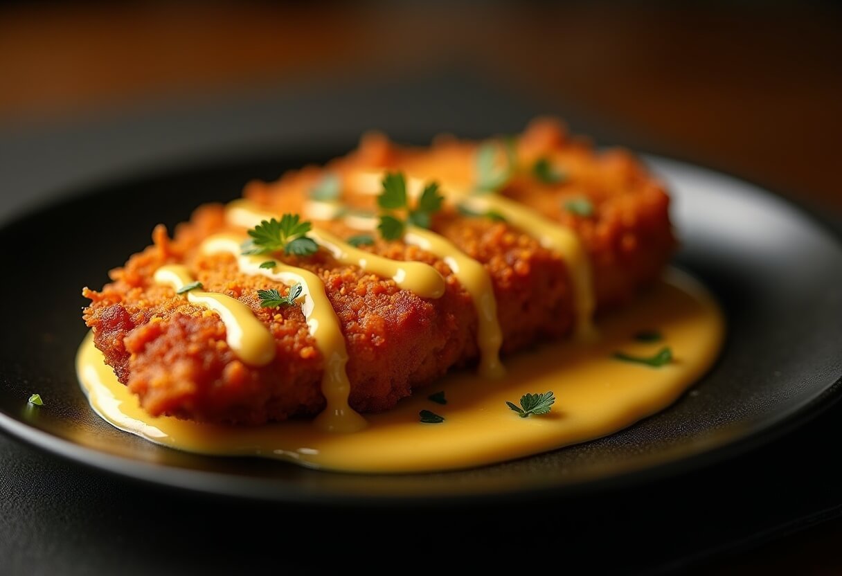 Cotoletta di pollo in airfryer dorata e croccante su un piatto.