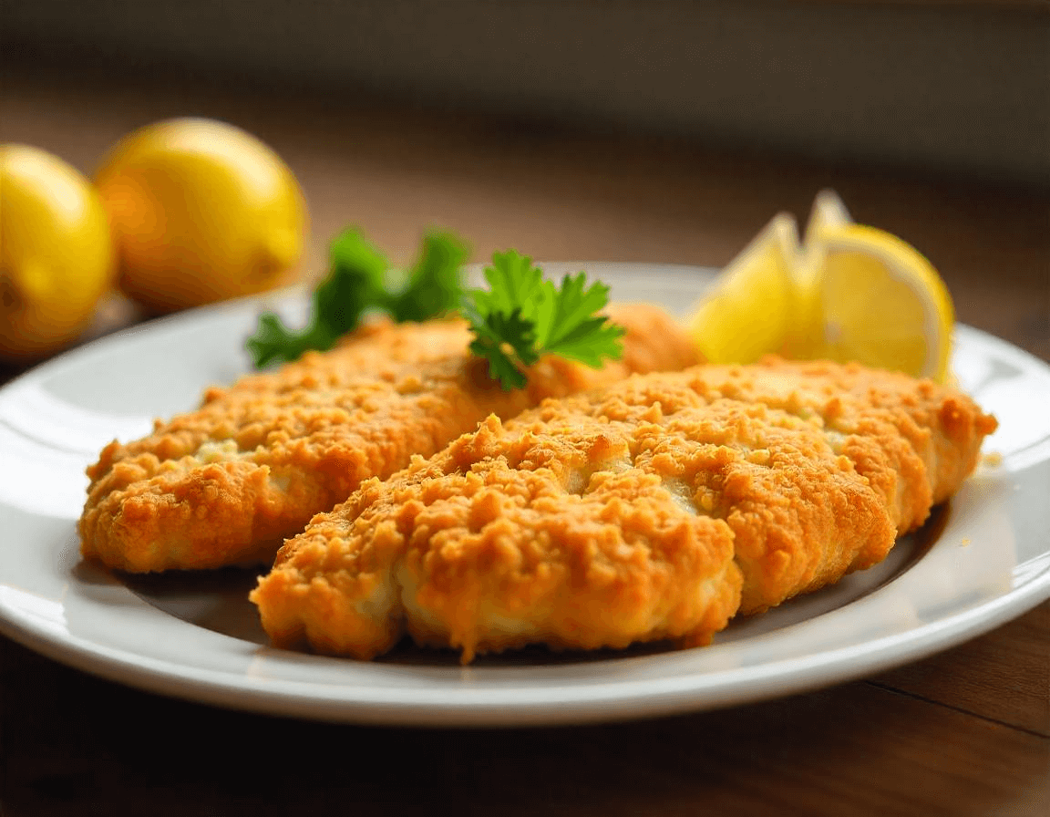 Cotoletta in airfryer dorata e croccante servita con limone.