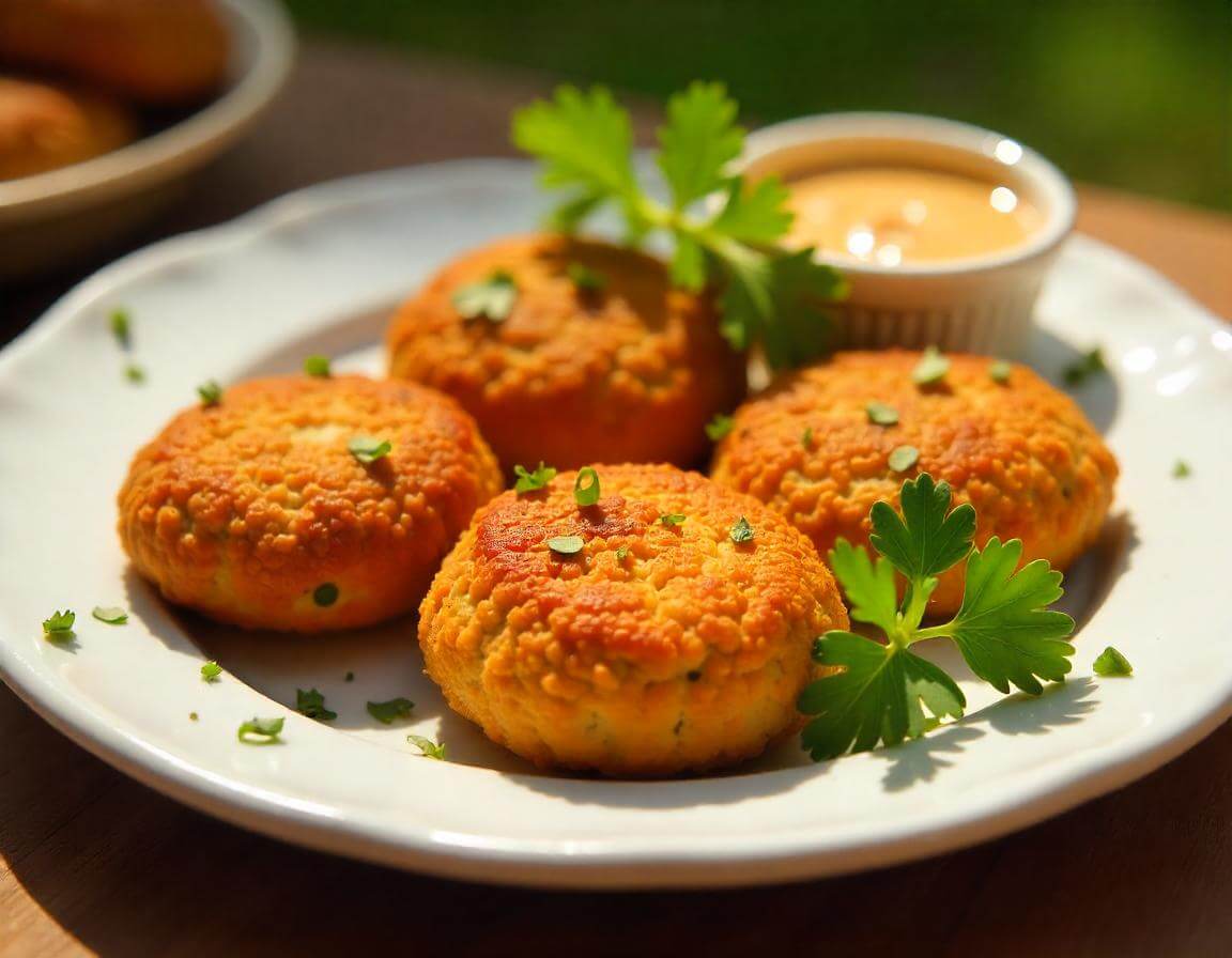 Falafel in airfryer dorati e croccanti serviti con hummus.