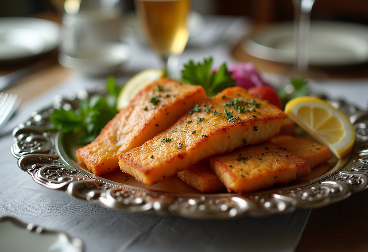 Filetti di pesce in airfryer dorati e croccanti su un piatto.
