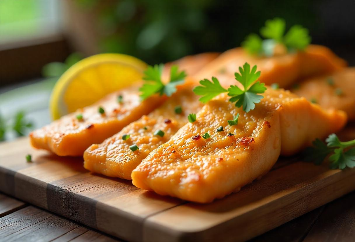 Filetti di pesce in friggitrice ad aria croccanti e dorati serviti con limone.