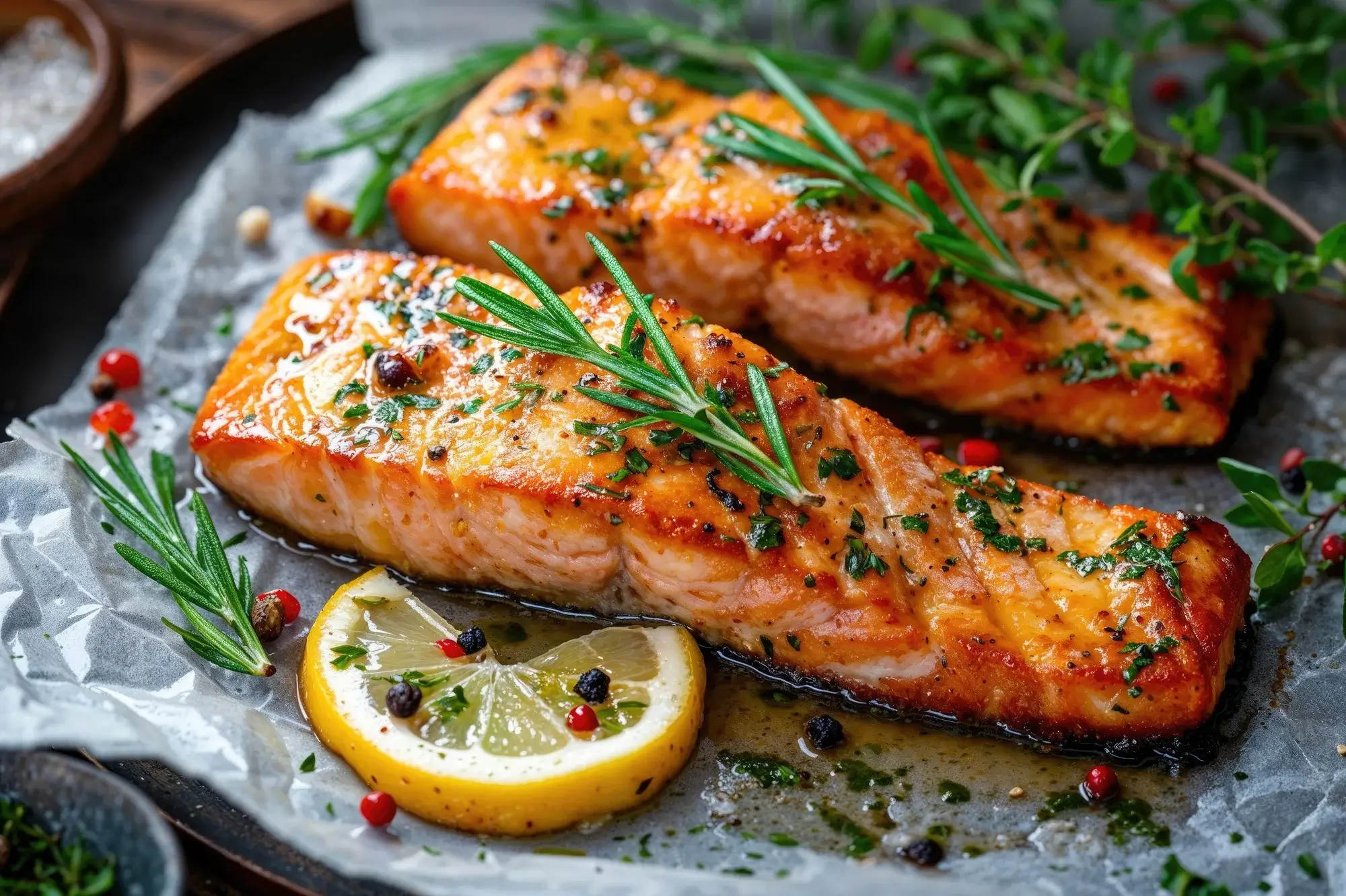 Filetto di salmone in friggitrice ad aria dorato e succoso.
