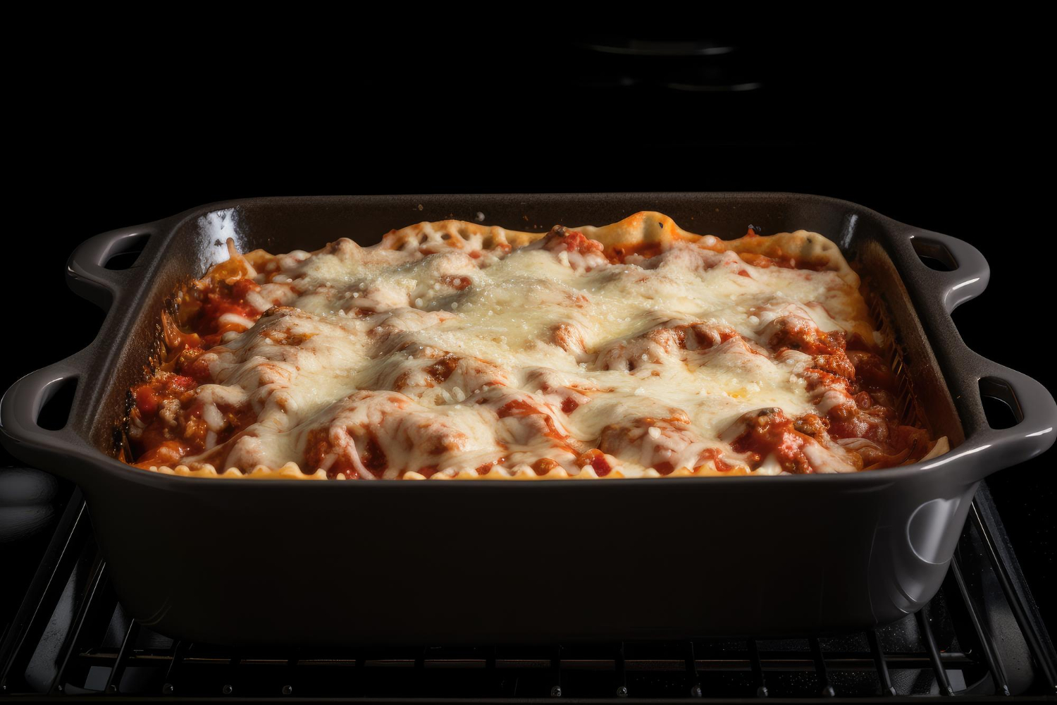 Lasagnette in friggitrice ad aria con formaggio filante e crosticina dorata.