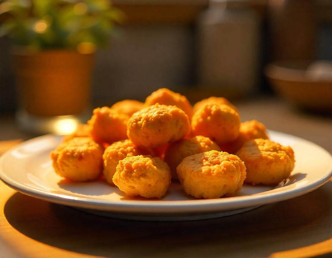 Nuggets di pollo in airfryer dorati e croccanti serviti su un piatto