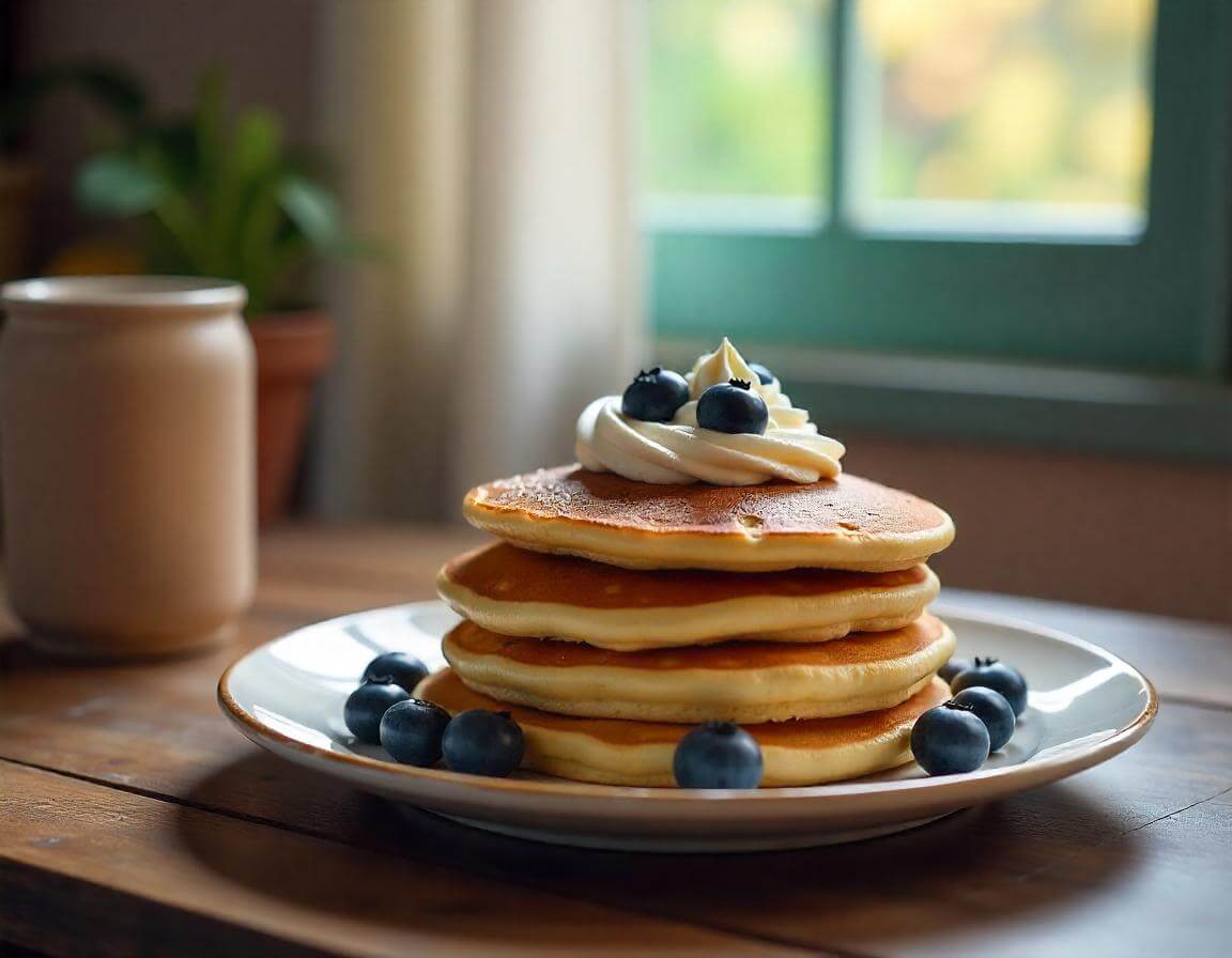 Pancake in airfryer dorati e soffici serviti con sciroppo d’acero e frutta fresca.