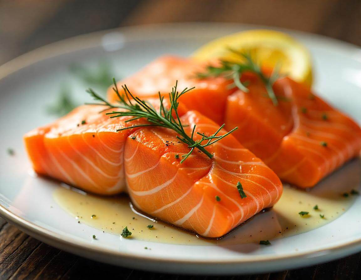 Pezzi di salmone in airfryer croccanti e dorati nel cestello dell'airfryer.