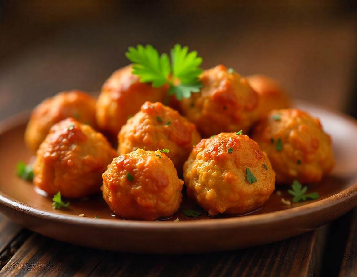 Polpette di carne in airfryer servite su un piatto con salsa di pomodoro.