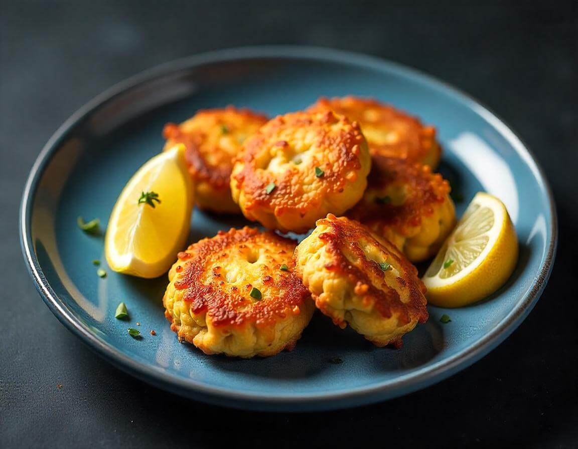 Polpette di pesce in airfryer dorate e croccanti su un piatto con salsa allo yogurt.
