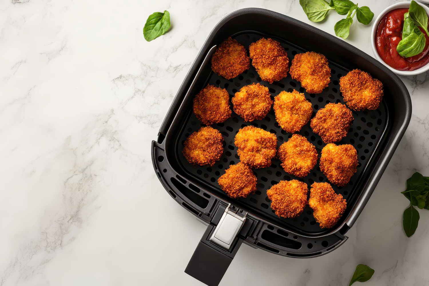 Polpette di pesce in friggitrice ad aria servite su un piatto con limone