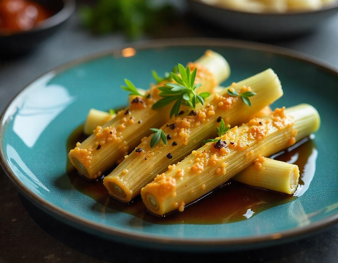 Porri in airfryer dorati e croccanti serviti su un piatto.