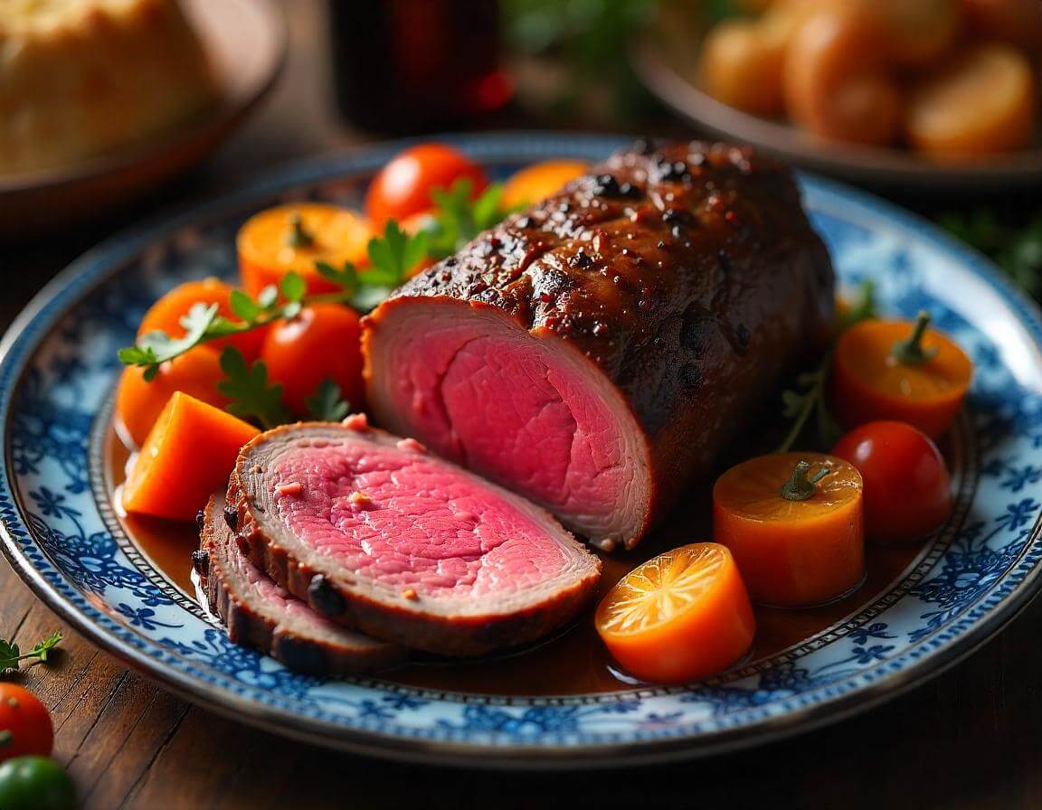 Roast beef in airfryer perfettamente cotto con crosta dorata.