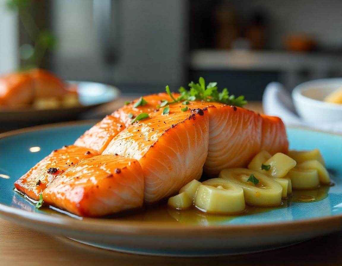 Salmone in airfryer croccante e dorato su un piatto con contorno di verdure.