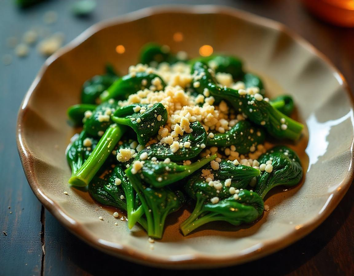 Spinaci in airfryer croccanti serviti su un piatto.