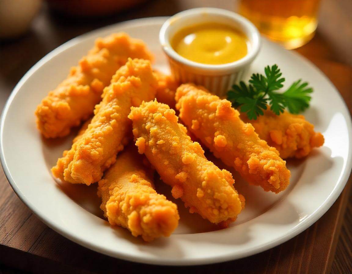 Straccetti di pollo in airfryer croccanti e dorati serviti su un piatto.