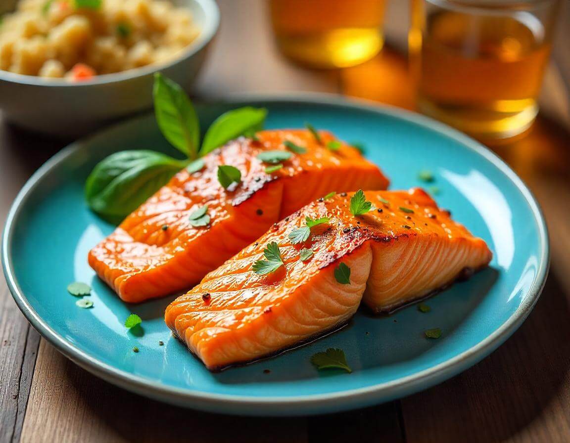 Tranci di salmone in airfryer dorati e croccanti serviti con contorno di verdure.